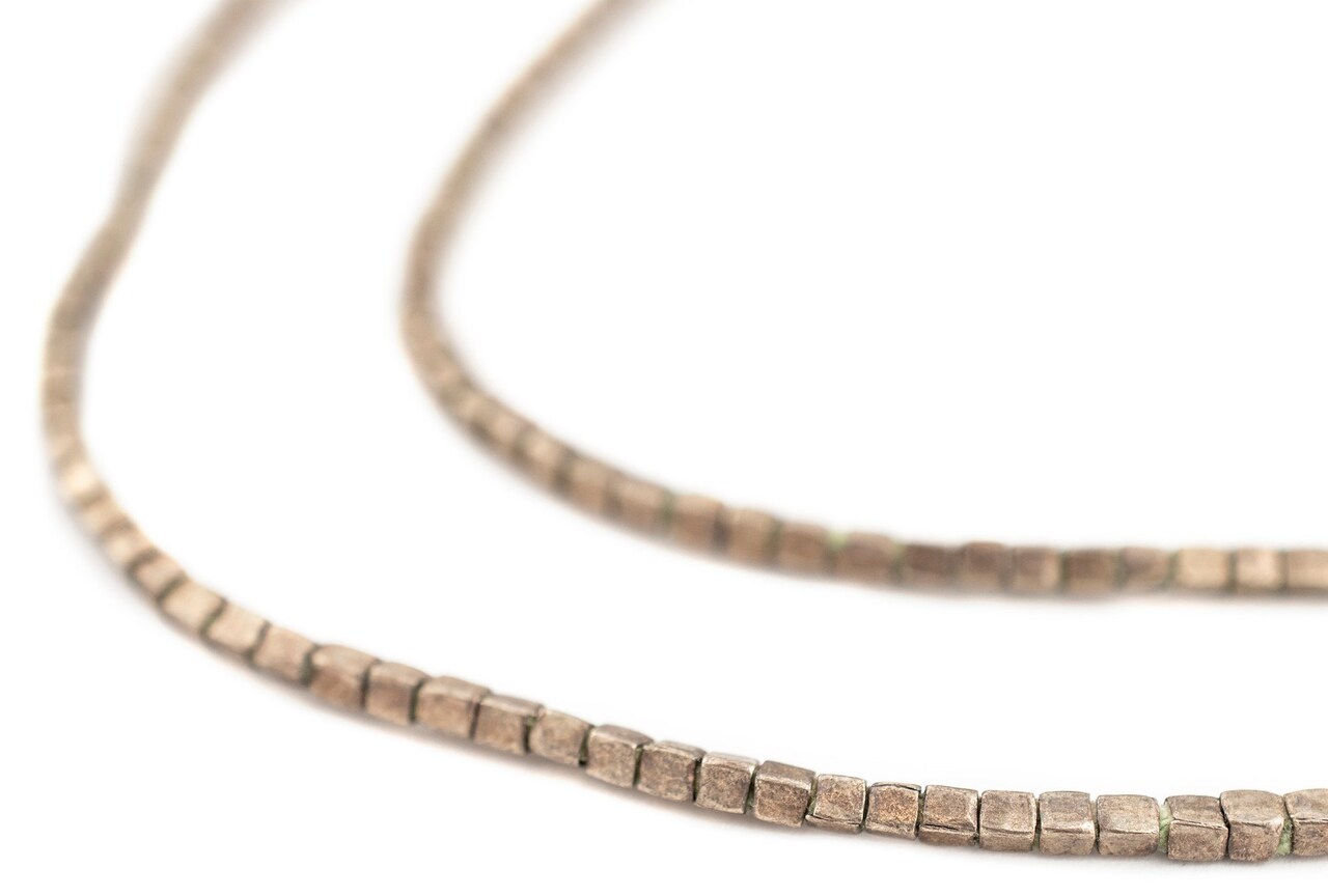 The Bead Chest Dark Silver Ethiopian Cube Beads 2mm African White Metal Large Hole 27 Inch Strand Handmade